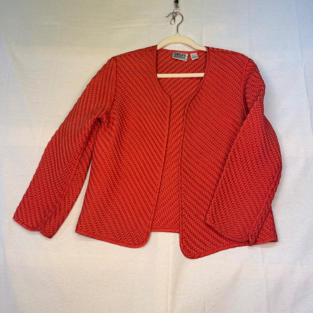 Chicos Design Red 100% Silk Woven Open Front Cardigan Jacket Size 1 M 8-10
